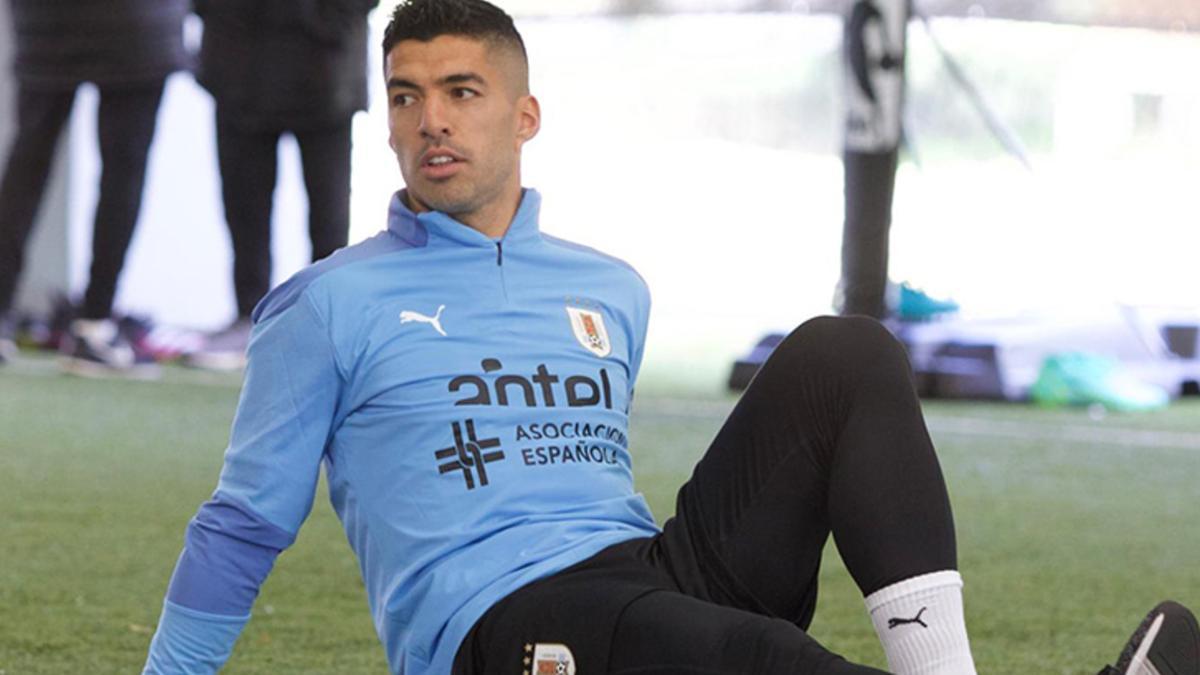 Luis Suárez en el entrenamiento de hoy con la Selección de Uruguay.