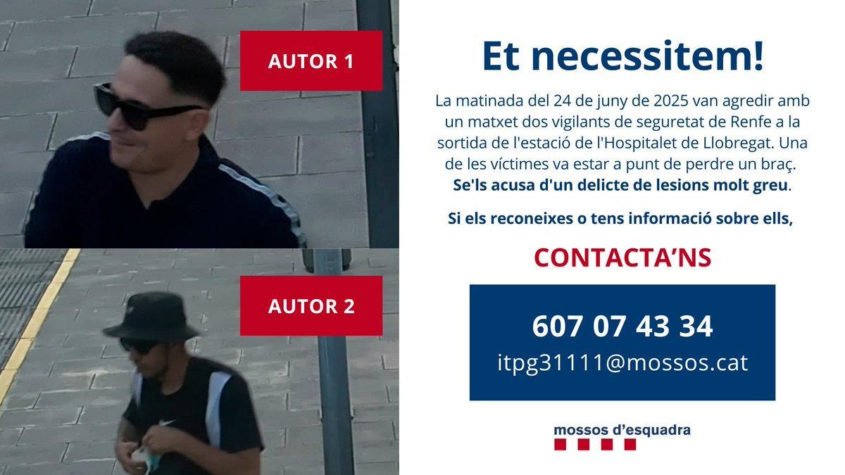 Imatge difosa pels Mossos d'Esquadra de dos homes buscats com a presumptes agressors d'un vigilant de seguretat de Renfe