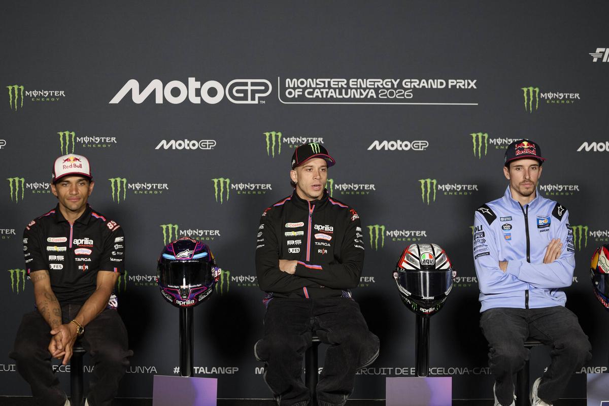 Rueda de prensa de pilotos de motociclismo Moto GP Marco Bezzecchi y Jorge Martín equipo Arpilla Racing y Àlex Márquez equipo Gresini Ducati Foto: Dani Barbeito Circuit Barcelona Montmeló Gran premio de Catalunya 2026