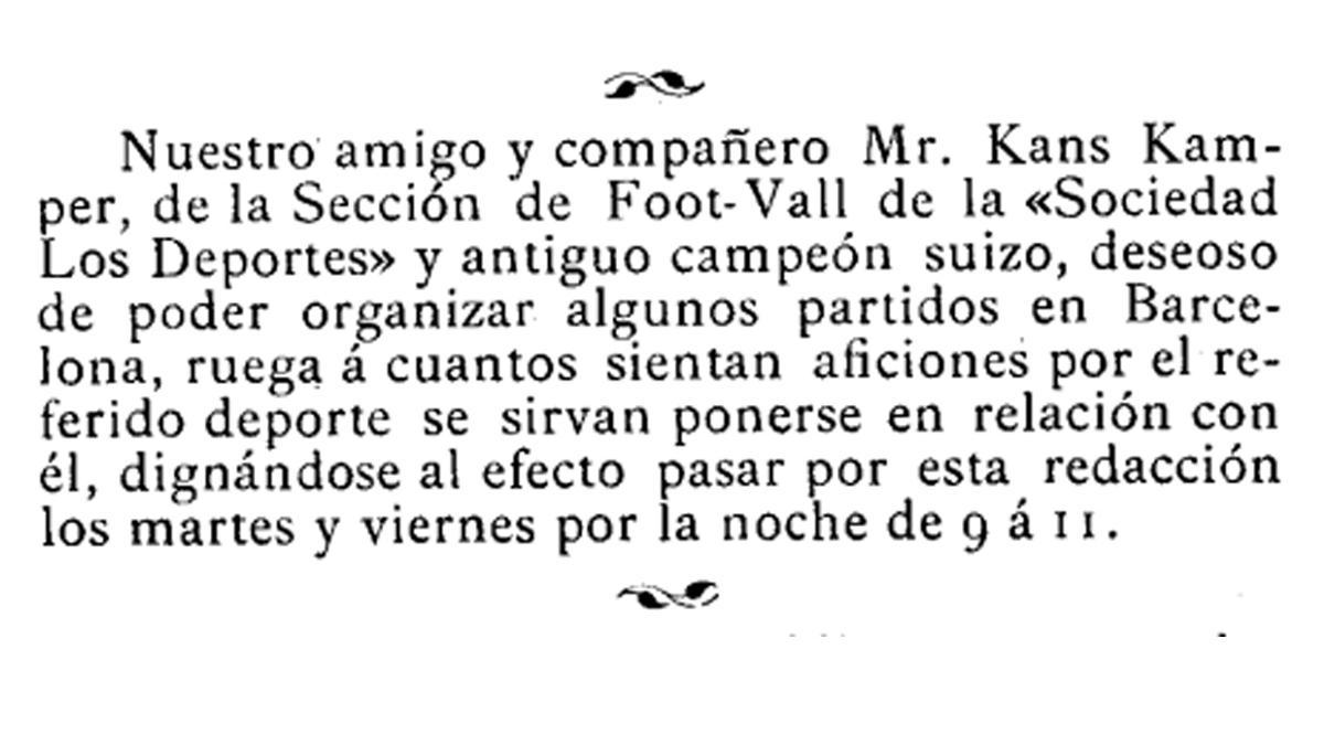 Texto que insertó Hans Gamper en "Los Deportes" para reclutar a jugadores para practicar el fútbol en Barcelona