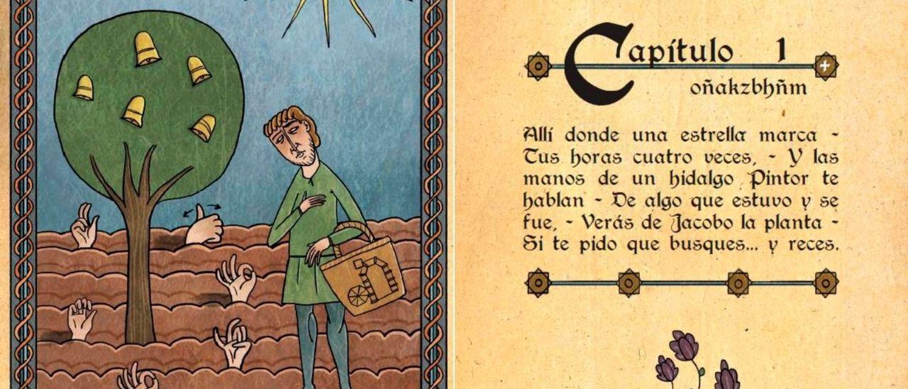 Uno de los acertijos con ilustración y versos del juego de la búsqueda del tesoro creado por Raúl García, junto a otras pistas.