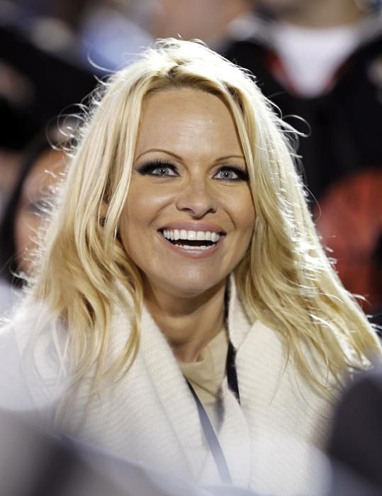 Pamela Anderson watches the NCAA Carrier Classic ...