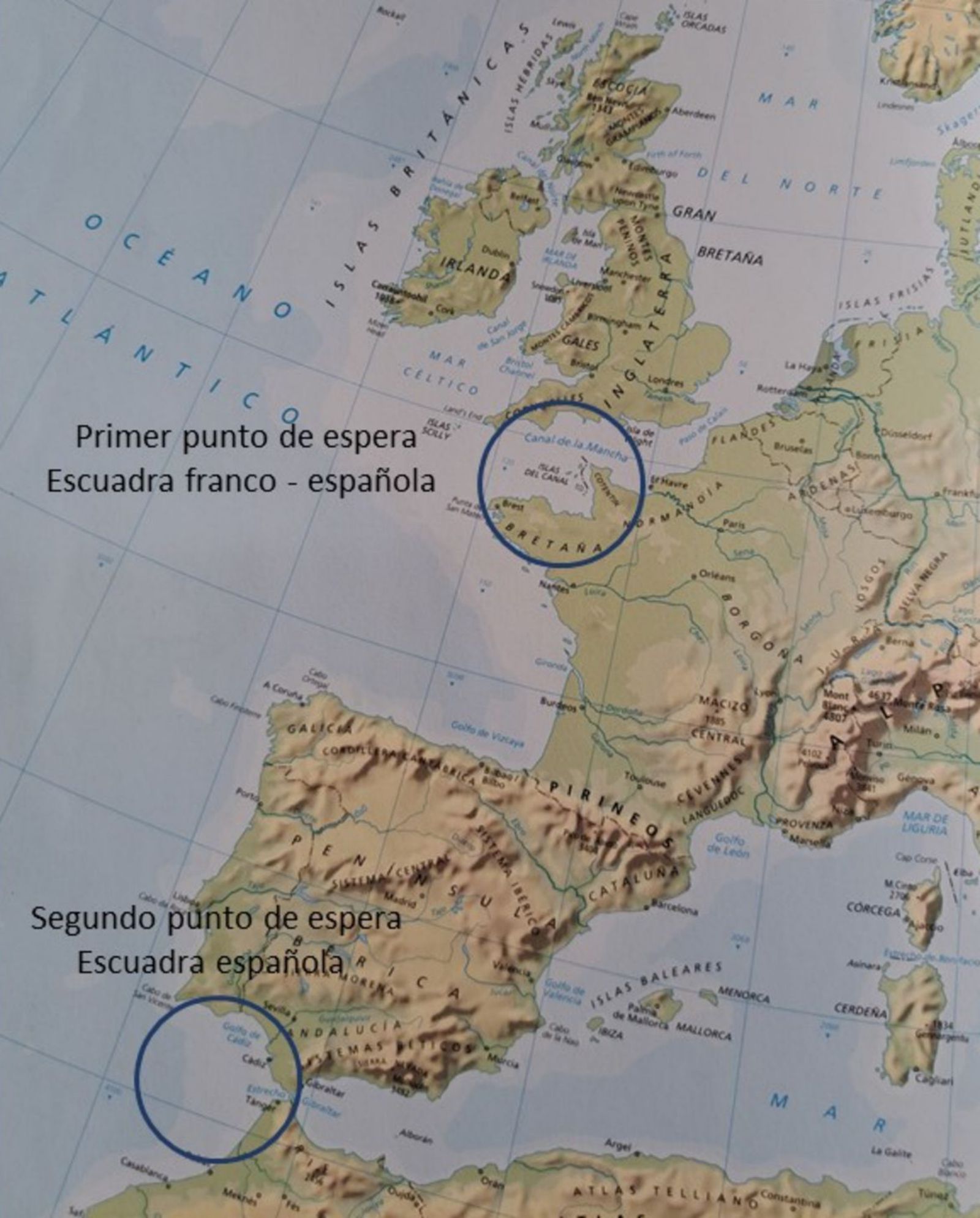 Puntos de espera para interceptar el convoy británico