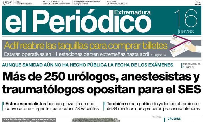 Esta es la portada de EL PERIÓDICO EXTREMADURA correspondiente al día 16 de enero del 2020