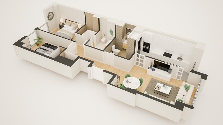 Plano de una vivienda con dos dormitorios.