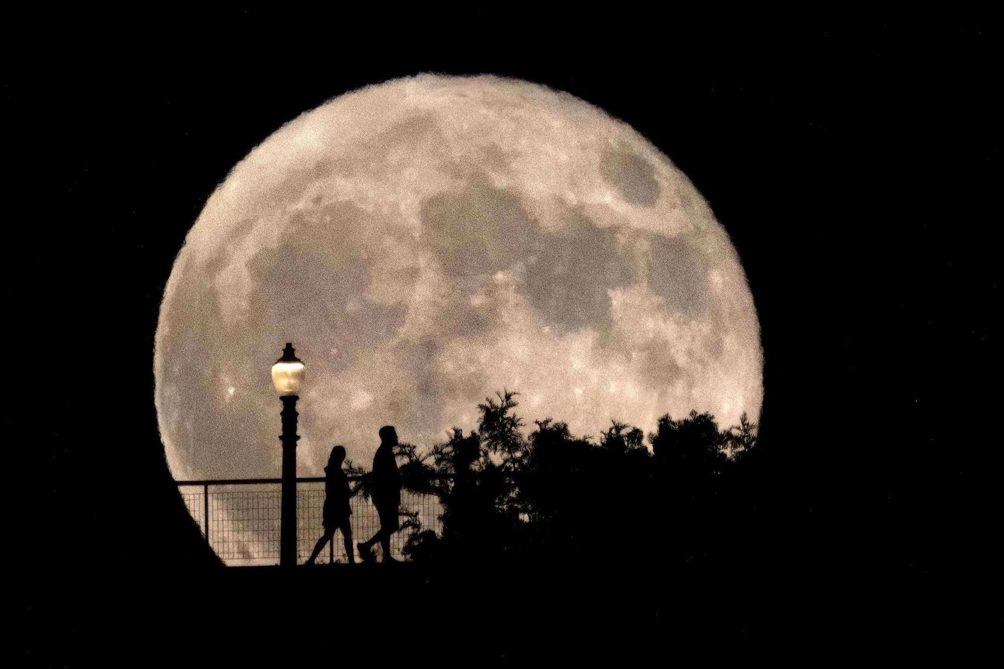 People walk in front of a rising supermoon at Griffith Observatory in Los Angeles, Monday, Aug. 19, 2024. (AP Photo/Richard Vogel) Associated Press/LaPresse / EDITORIAL USE ONLY/ONLY ITALY AND SPAIN