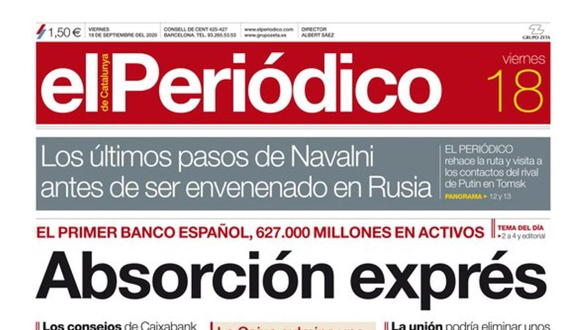 La portada de EL PERIÓDICO del 18 de septiembre del 2020.