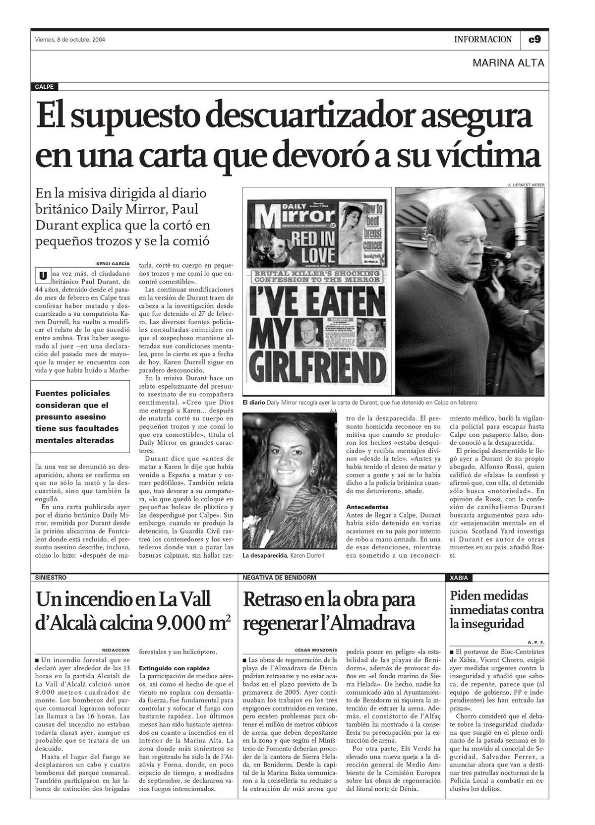 La noticia en INFORMACIÓN que se hacía eco de la carta enviada por el asesino al Daily Mirror