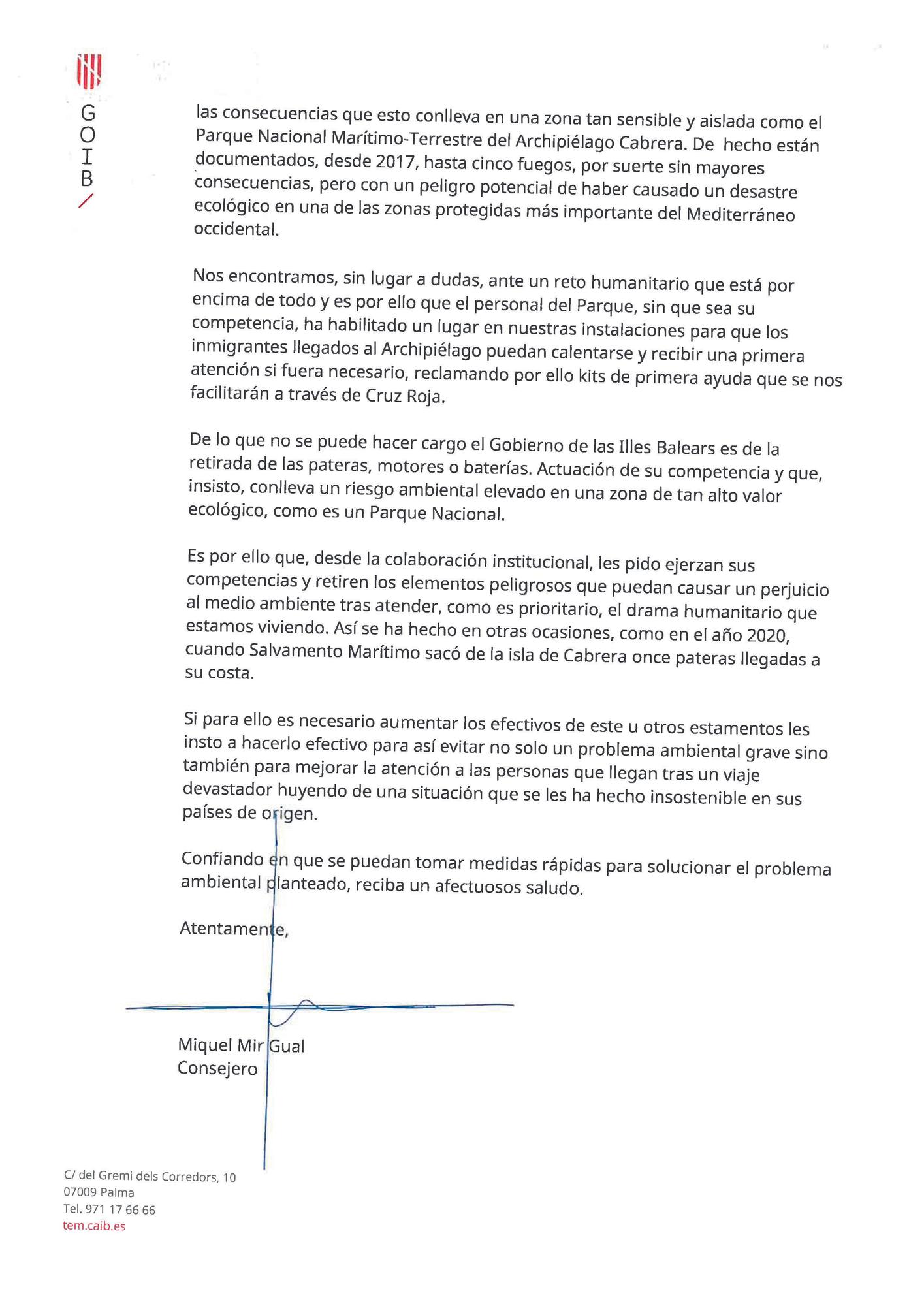 La carta que el coseller Mir envió a los ministros Marlaska y Sánchez.
