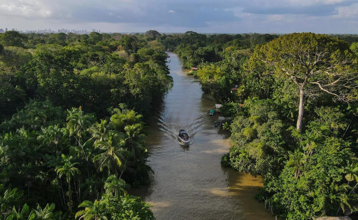 Un bote navegando por un río en una zona de la floresta Amazónica, en el estado de Pará, norte de Brasil.