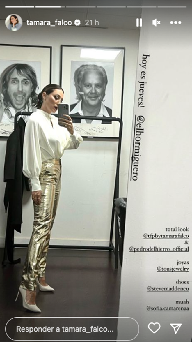 Tamara Falcó, con pantalones metalizados de Pedro del Hierro