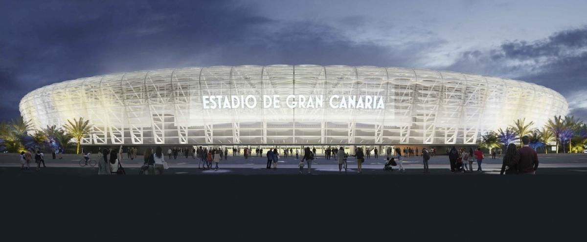 Fotografía nocturna del estadio de Siete Palmas, iluminado, y que forma parte del proyecto de mejora para el Mundial.