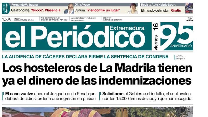 Esta es la portada de EL PERIÓDICO EXTREMADURA correspondiente al día 16 de noviembre del 2018