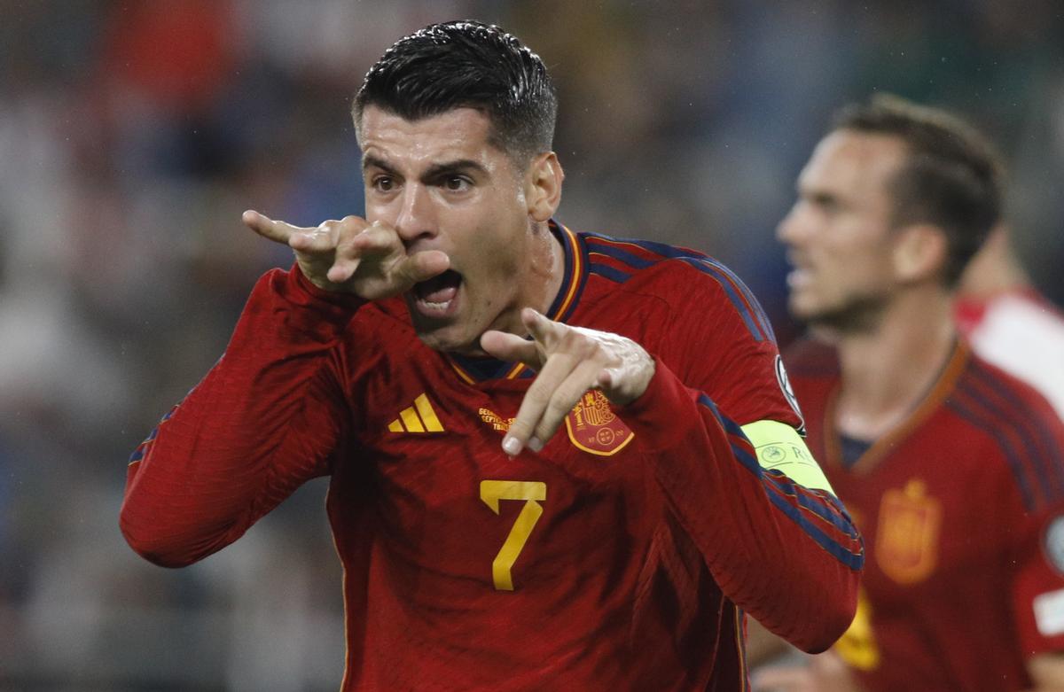 Tbilisi (Georgia), 08/09/2023.- Alvaro Morata of Spain celebrates after scoring during the UEFA Euro 2024 qualifying Group A soccer match between Georgia and Spain, in Tbilisi, Georgia, 08 September 2023. (España) EFE/EPA/DAVID MDZINARISHVILI