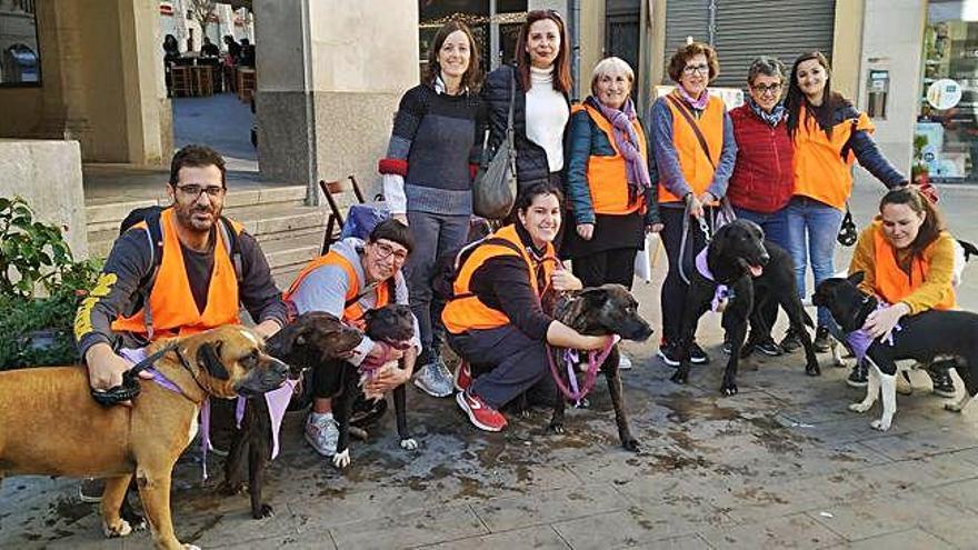 Voluntaris de la Protectora d&#039;Animals i Plantes amb gossos per adoptar i la regidora Sònia Trilla.