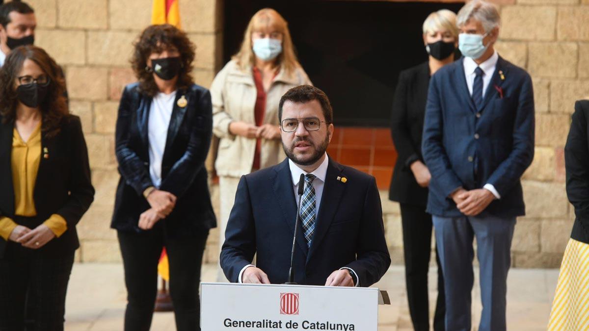 Pere Aragonès, durante la declaración institucional con motivo del cuarto aniversario del 1-O