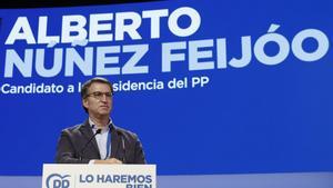 El presidente de Galicia y candidato a la presidencia del PP, Alberto Núñez Feijóo, interviene durante el XX Congreso Nacional del partido en Sevilla, que comienza este viernes y que elegirá por aclamación a su nuevo presidente. EFE/Julio Muñoz