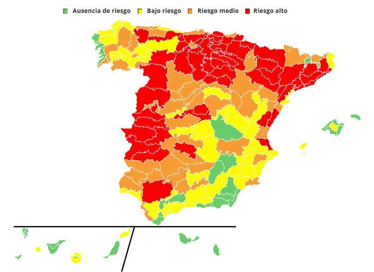 Mapa de riesgo por altas temperaturas en España: 11-08-2025