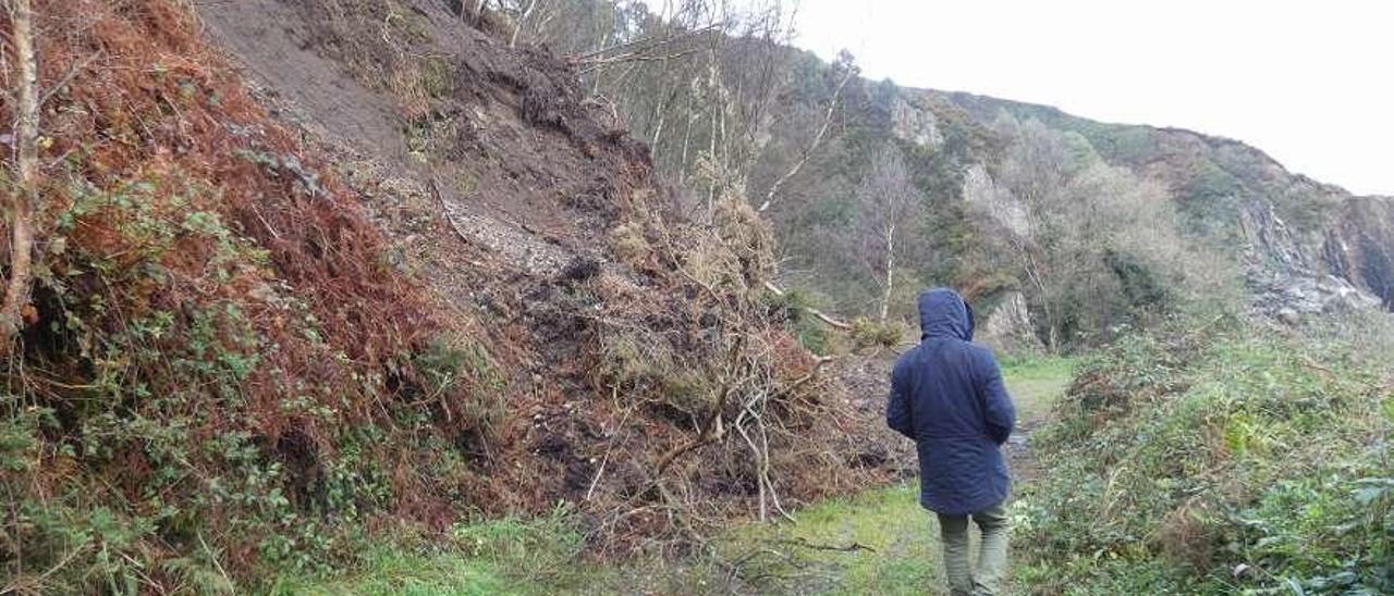 Uno de los últimos argayos en el camino de acceso a la playa de Castiellu, en Pendueles.