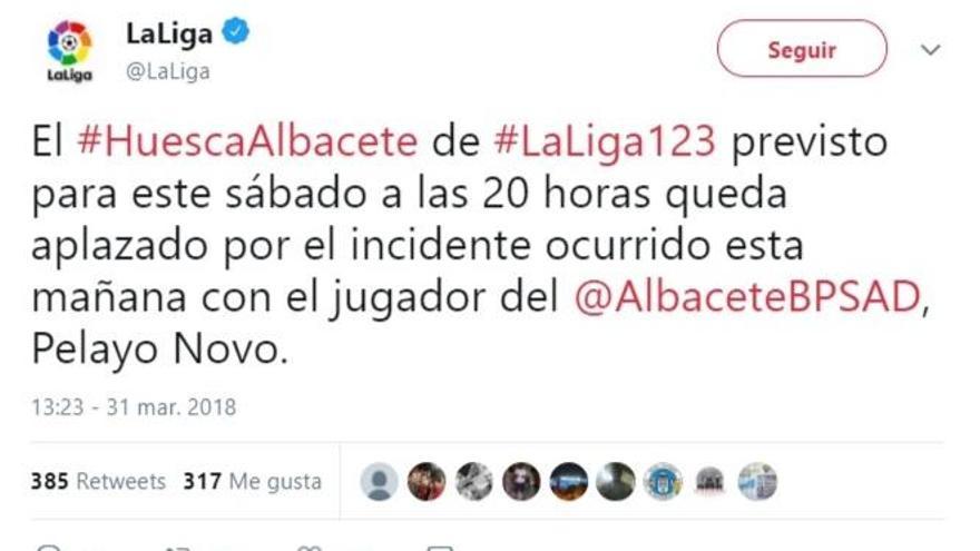 La Liga aplaza el Huesca-Albacete por el grave accidente de Pelayo Novo