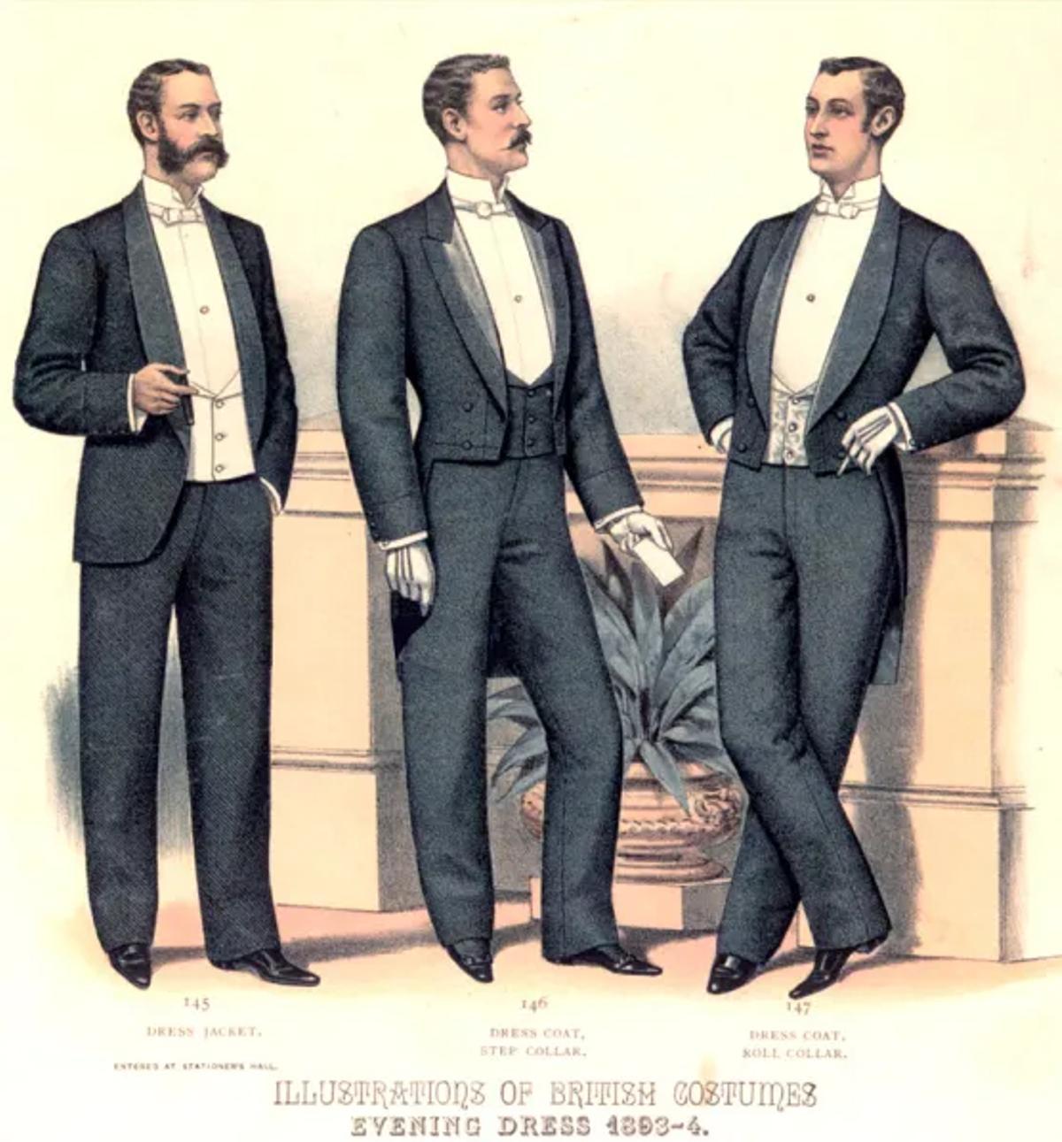 Un anuncio de 1893 con conjuntos masculinos de noche: 'smoking', frac con chaleco negro y frac completo.