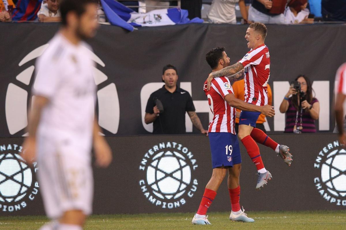 Jul 26  2019  East Rutherford  NJ  USA  Atletico de Madrid forward Diego Costa  19  celebrates after scoring a goal against Real Madrid with defender Kieran Trippier  23  during the first half of an International Champions Cup soccer series match at MetLife Stadium  Mandatory Credit  Brad Penner-USA TODAY Sports