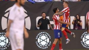 Jul 26  2019  East Rutherford  NJ  USA  Atletico de Madrid forward Diego Costa  19  celebrates after scoring a goal against Real Madrid with defender Kieran Trippier  23  during the first half of an International Champions Cup soccer series match at MetLife Stadium  Mandatory Credit  Brad Penner-USA TODAY Sports