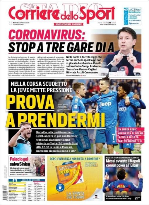 Portada `CORRIERE DELLO SPORT 23 febrero 2020