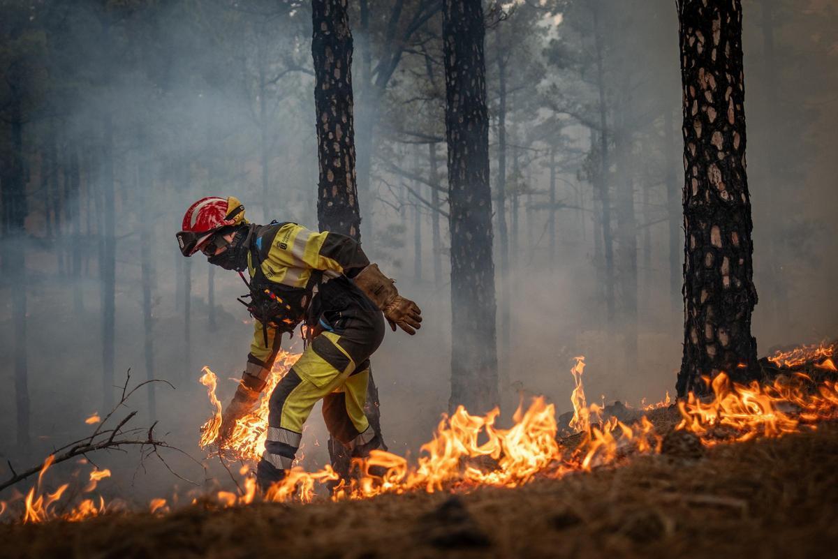 Un bombero de Canarias en tareas de extinción de un incendio.