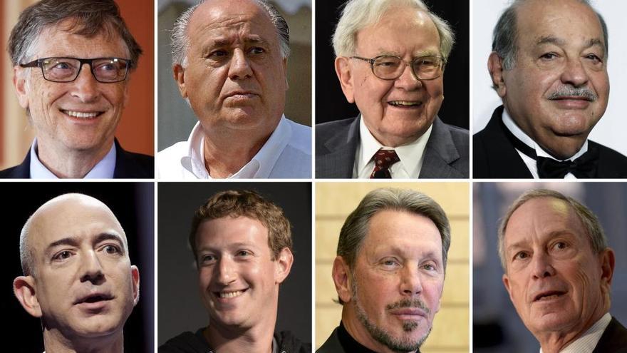 &#039;Fotocollage&#039; con los más ricos; de izquierda a derecha, de arriba a abajo, Bill Gates, Amancio Ortega, Warren Buffet, Carlos Slim, Jeff Bezos, Marck Zuckerberg, Larrie Ellison y Michael Bloomberg.
