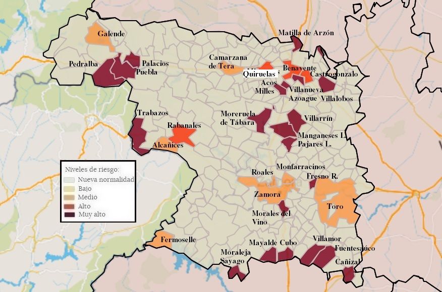 Mapa de contagios COVID por municipios en Zamora