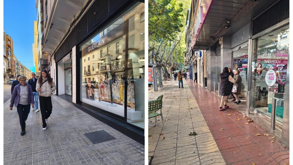 Escaparates de las dos perfumerías de Xàtiva en las que intentó entrar ayer el ladrón reincidente.