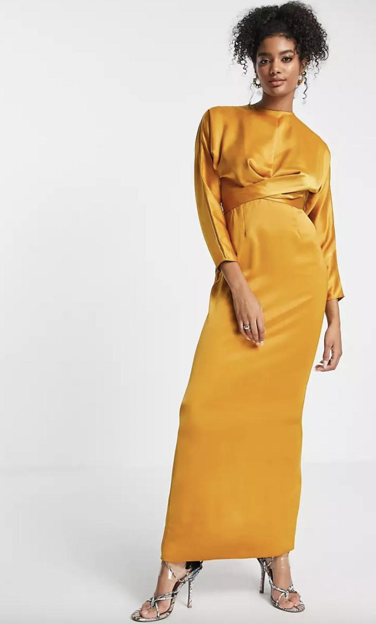 Vestido largo color mostaza con mangas murciélago y cintura cruzada de satén de ASOS DESIGN