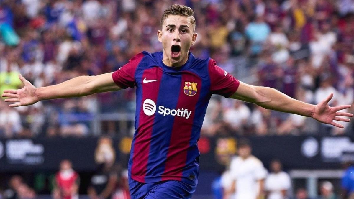 Fermín celebra su primer gol con el primer equipo del Barça.