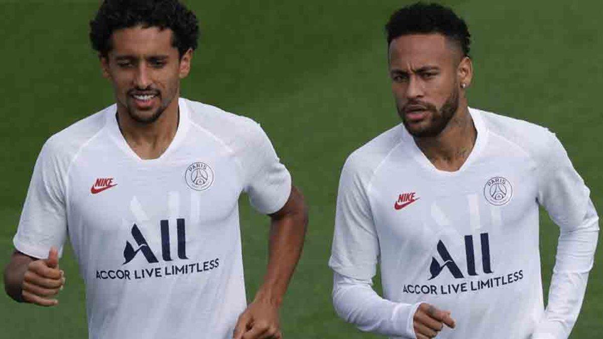 Marquinhos y Neymar, en un entrenamiento del PSG