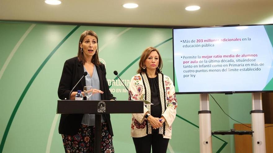 Mercedes García Paine, delegada de Educación, y Patricia Navarro, delegada de la Junta en Málaga, durante la presentación del curso escolar.