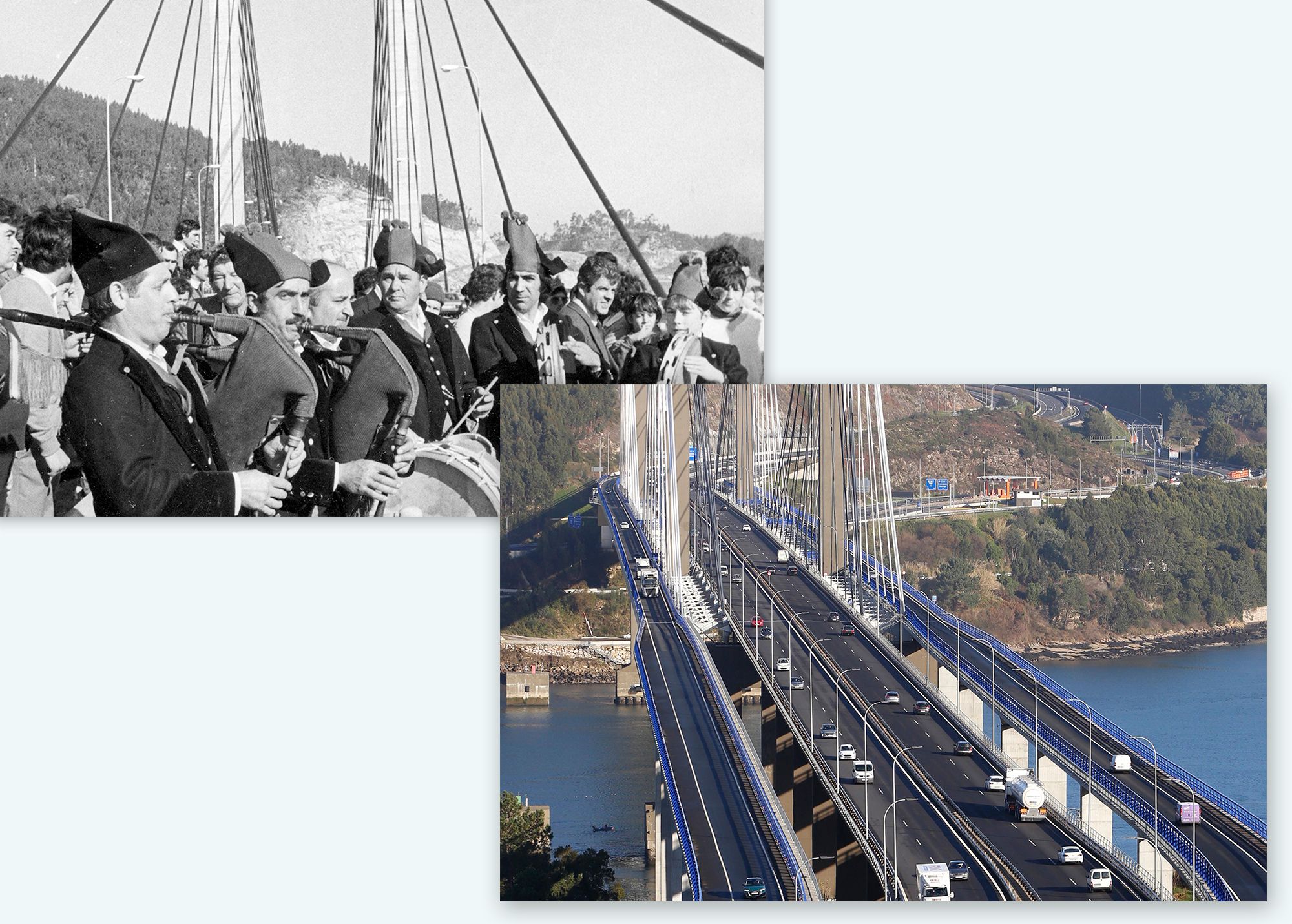 El Puente de Rande, el día de su inauguración en 1981 y tras su ampliación. / Cameselle y R. Grobas