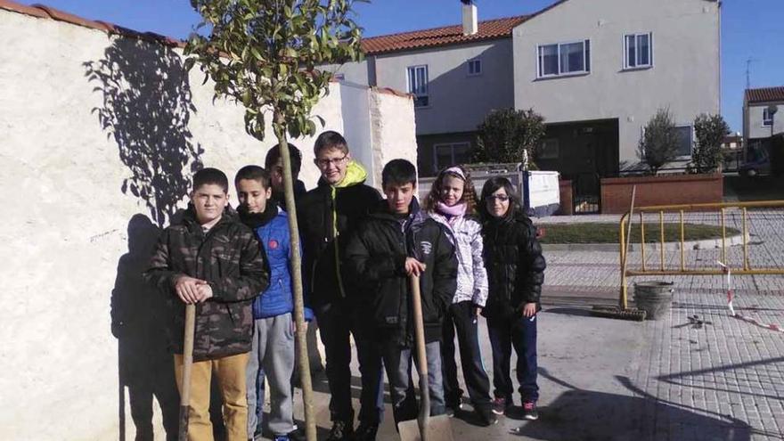 Un grupo de escolares junto a una de las plantaciones.