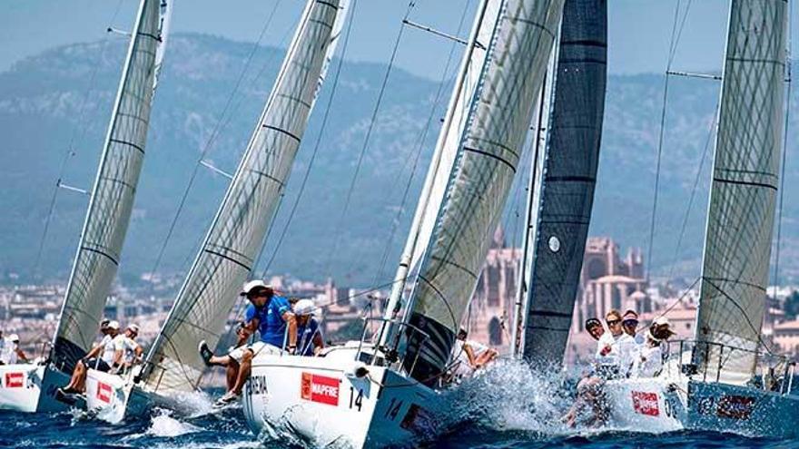 Parte de la flota de los barcos de la clase de los J80 que compiten en Palma.