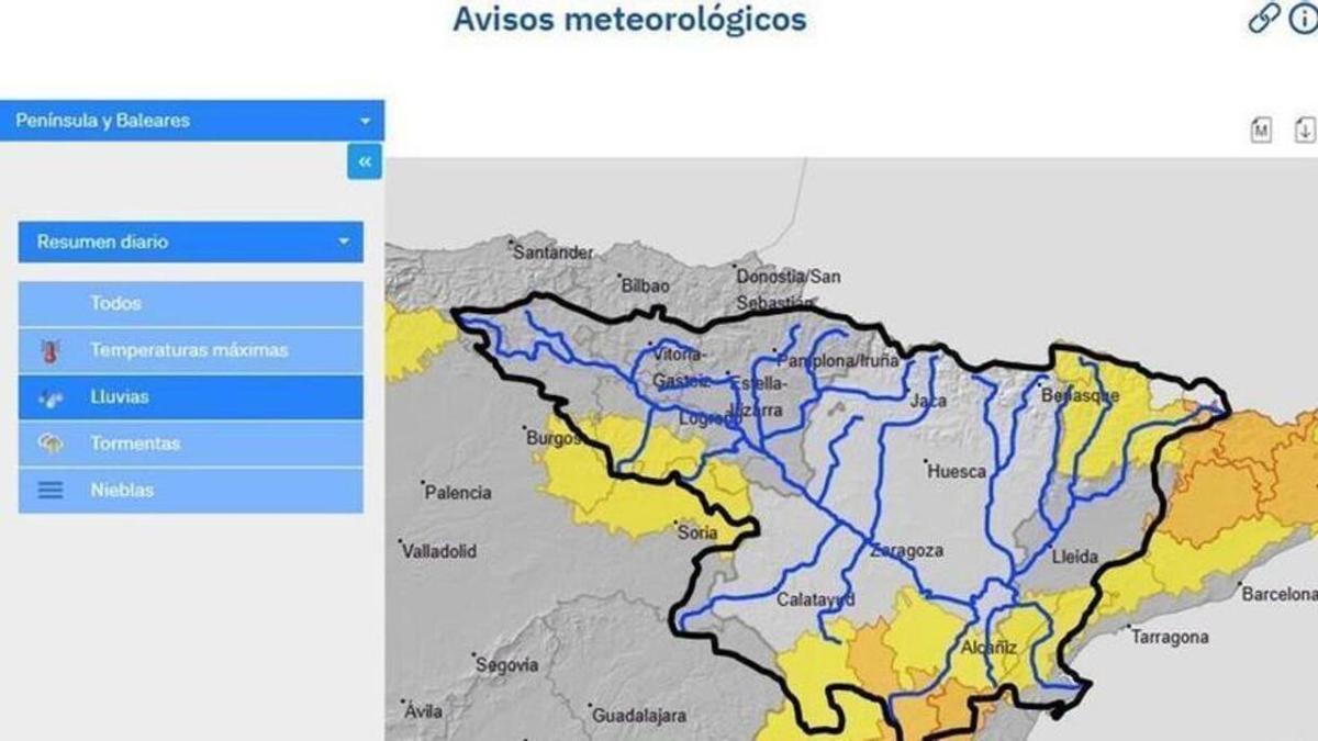 Avisos de la Agencia Estatal de Meteorología (Aemet) para los territorios de la cuenca del Ebro para el 16 de agoso de 2026.