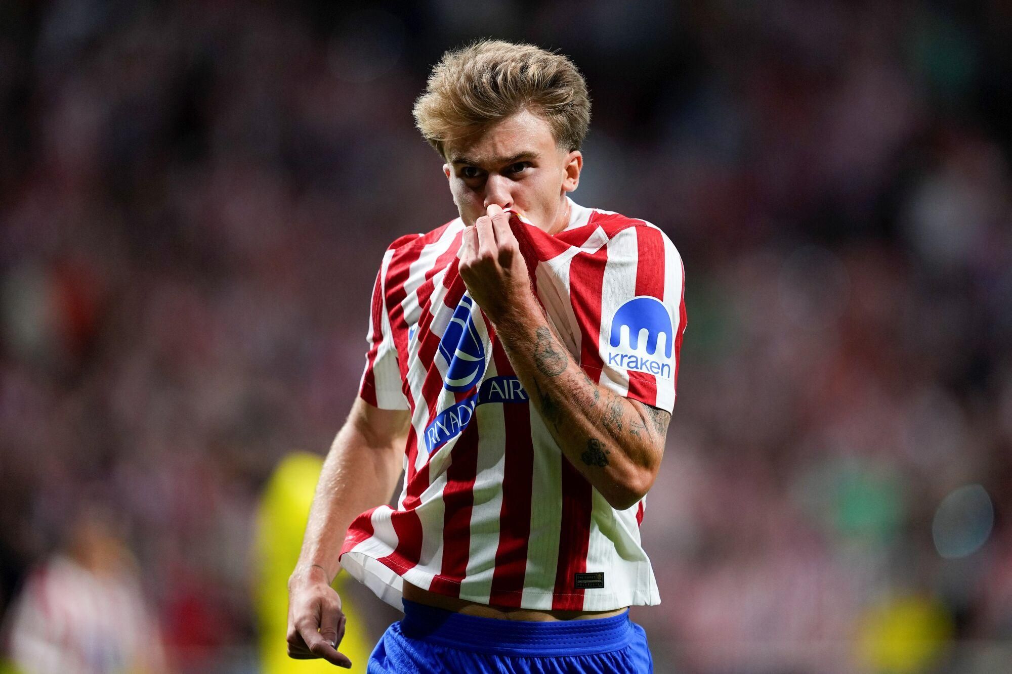 Pablo Barrios of Atletico de Madrid celebrates a goal during the Spanish League, LaLiga EA Sports, football match played between Atletico de Madrid and Villarreal CF at Riyadh Air Metropolitano stadium on September 13, 2025, in Madrid, Spain. AFP7 13/09/2025 ONLY FOR USE IN SPAIN. Oscar J. Barroso / AFP7 / Europa Press;2025;SOCCER;SPAIN;SPORT;ZSOCCER;ZSPORT;Atletico de Madrid v Villarreal CF - LaLiga EA Sports