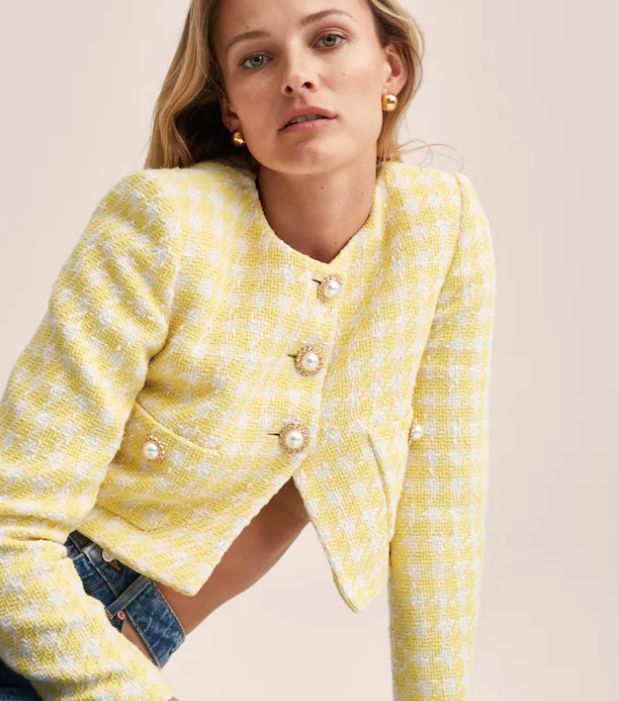 Chaqueta tweed crop de cuello redondo