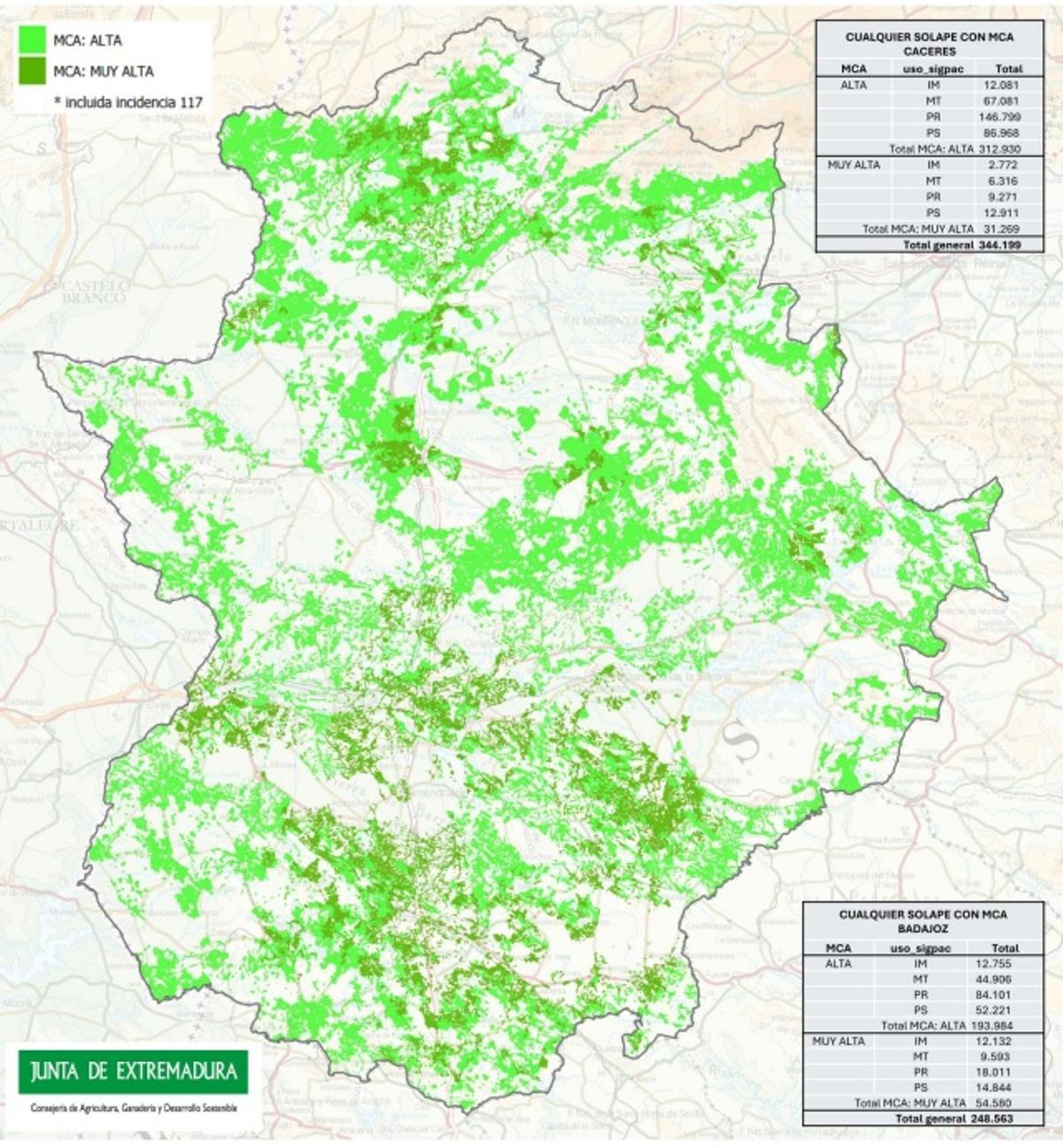 Mapa de áreas prioritarias para la instalación de proyectos de energía solar fotovoltaica en Extremadura.