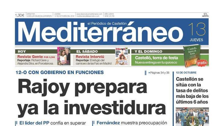 Rajoy prepara ya la investidura, hoy en la portada de Mediterráneo