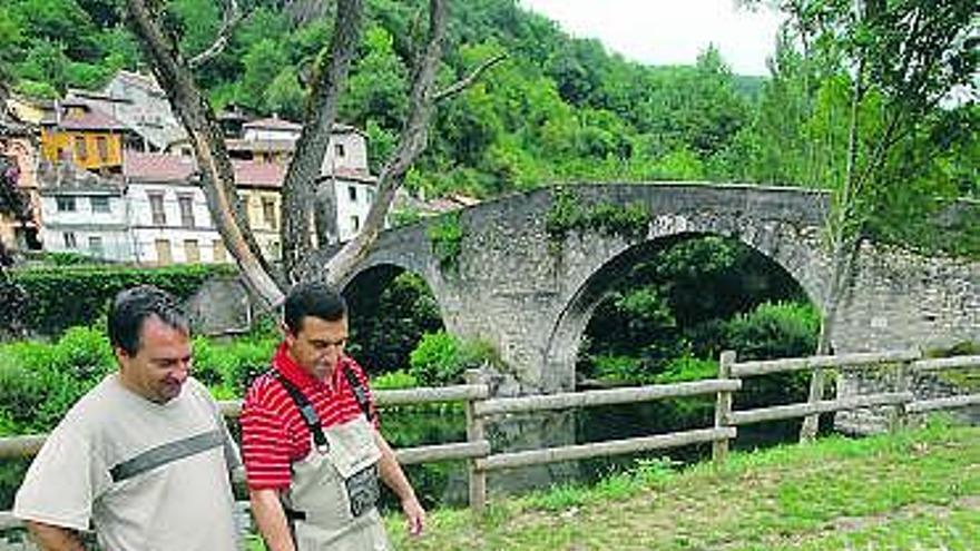 Pescadores recogen truchas muertas en el coto de Laviana, el pasado verano.