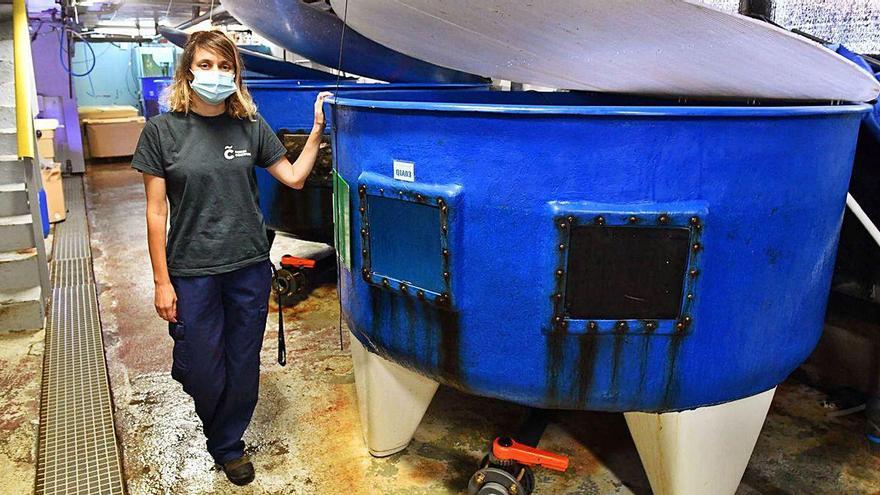 La veterinaria Noelia de Castro, ayer, con unos tanques de cuarentena del acuario.