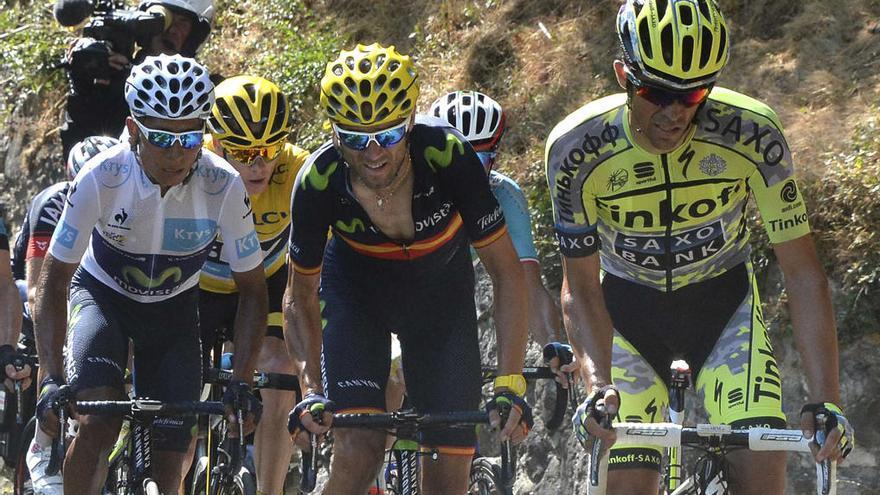 Valverde y Contador - ambos en la imagen seguidos de Nairo Quintana-, participarán en la prueba.