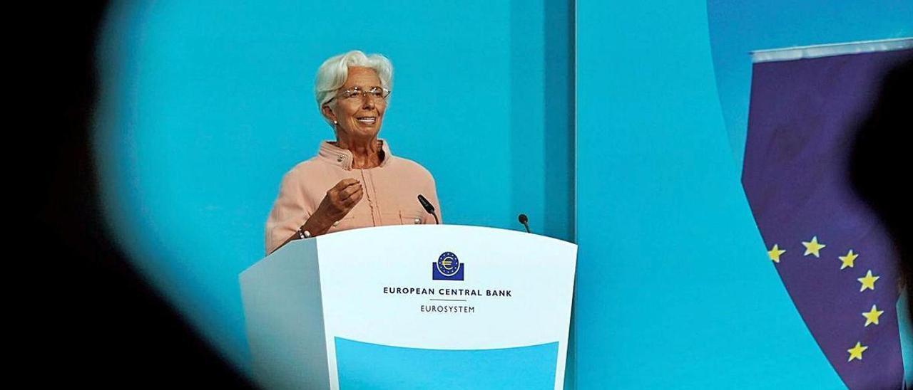La presidenta del BCE, Christine Lagarde, en la rueda de prensa posterior al Consejo de Gobierno.