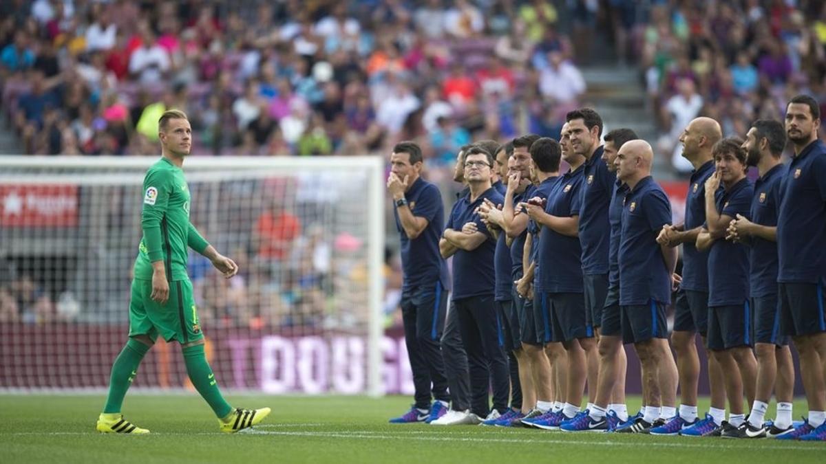 Ter Stegen durante la presentación de la plantilla del Barcelona en el trofeo Joan Gamper.