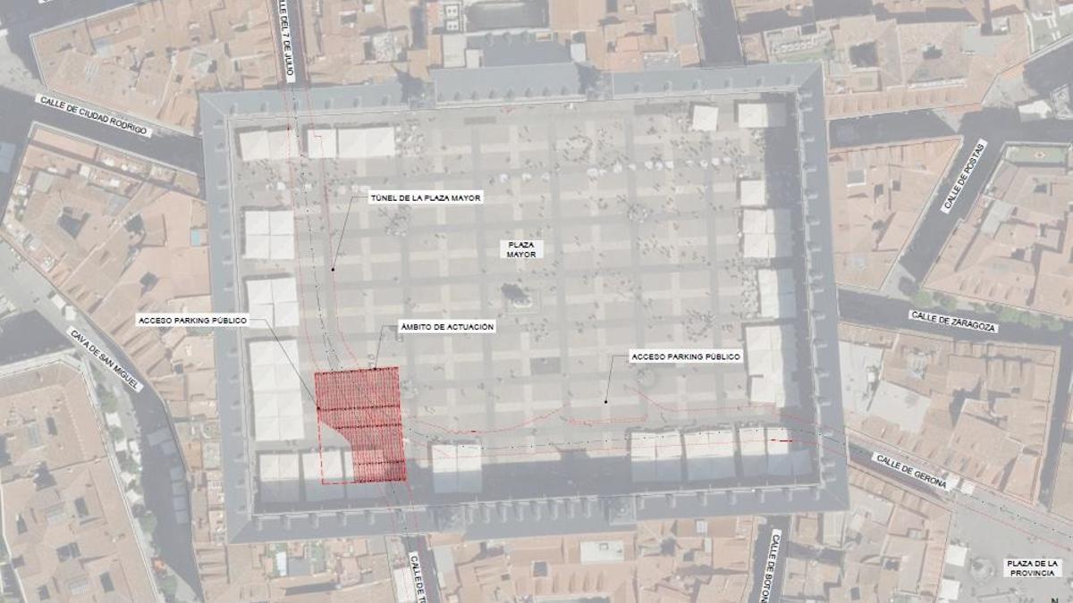 Ámbito de actuación de la intervención en la Plaza Mayor, Madrid.
